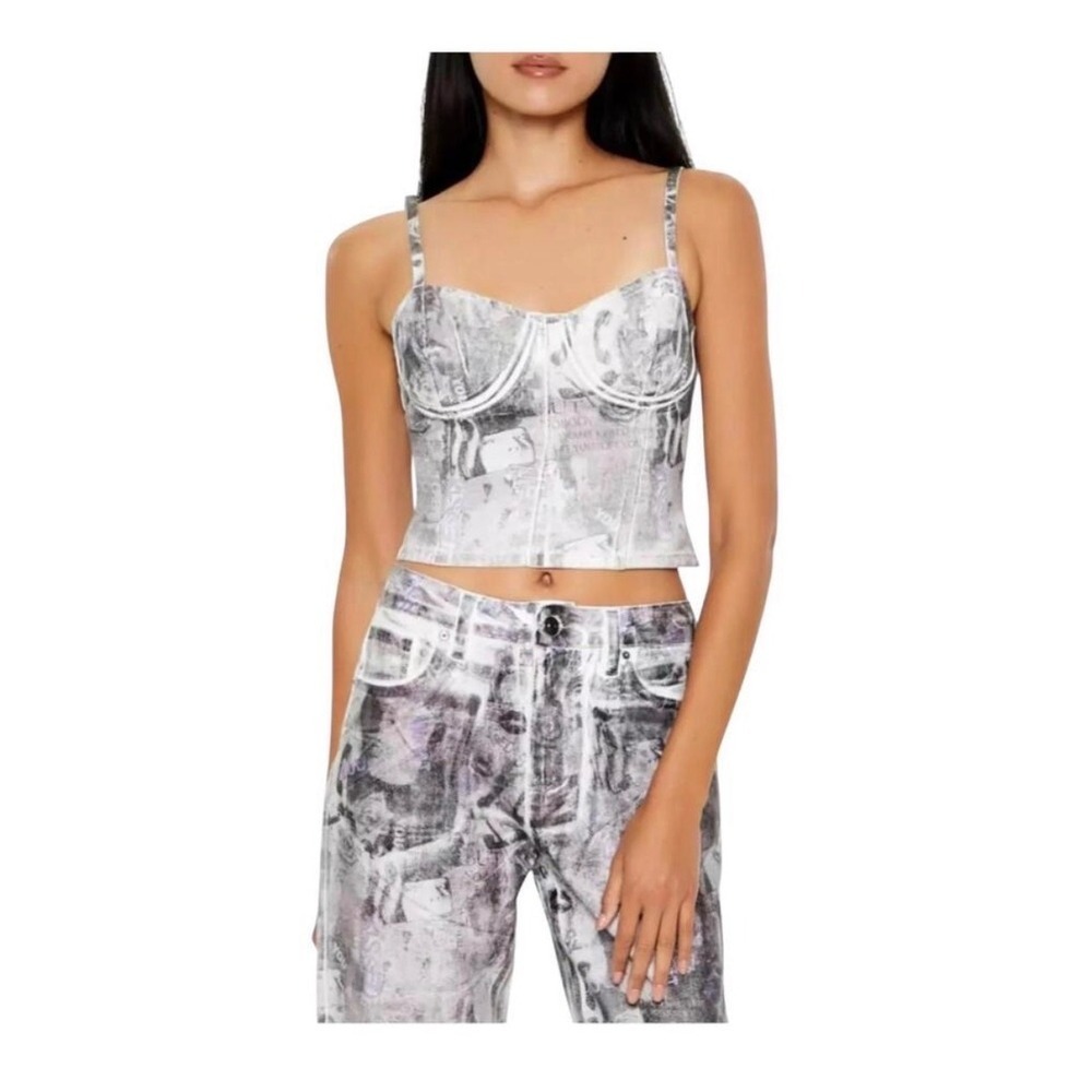 Forever 21 Bustier Top Womens Small White Newsprint Corset Crop Top Zipper Back